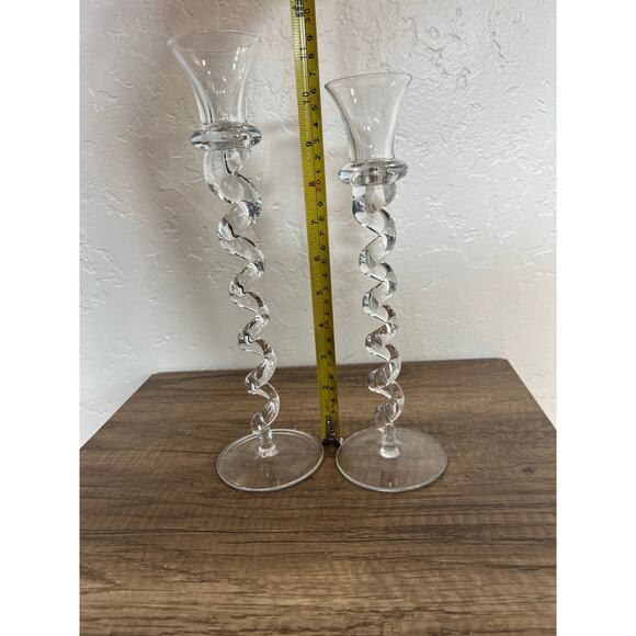 Elegant Clear Glass Spiral Candle Holders Pair – Twisted Design – 10” & 11” - Picture 5 of 10